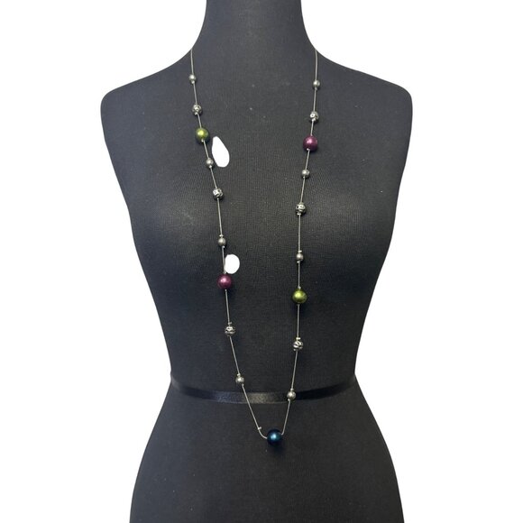 Multicolor Beaded Silver Chain Necklace Long Adjustable Lobster Clasp - Picture 2 of 4